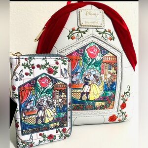 Loungefly Mini Backpack & Wallet - Disney Beauty & The Beast stained glass scene